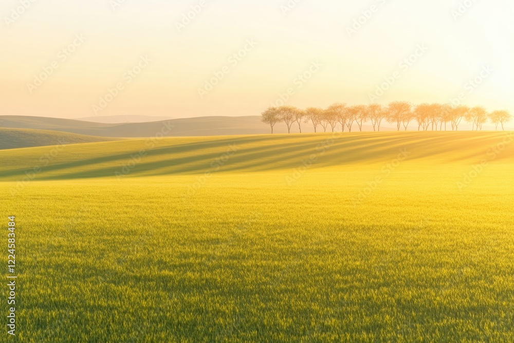 Fototapeta premium Golden fields stretch under warm sun, with trees lining horizon,