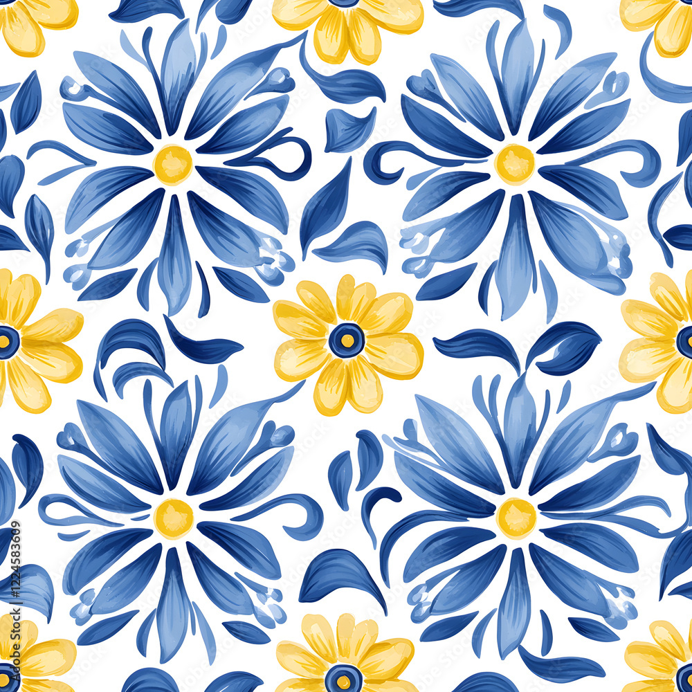 Fototapeta premium Rustic blue and yellow tile watercolor seamless pattern. Pattern of azulejos tiles