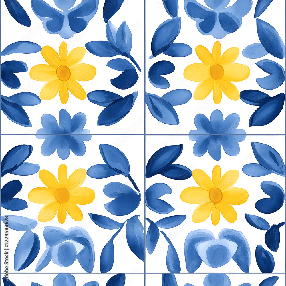 Fototapeta premium Rustic blue and yellow tile watercolor seamless pattern. Pattern of azulejos tiles