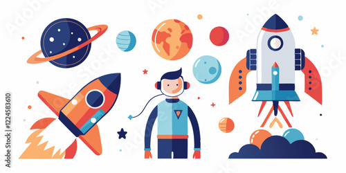 Space adventure concept with rockets, planets, and astronaut for design