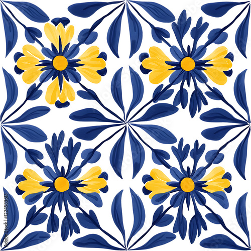 Wallpaper Mural Rustic blue and yellow tile watercolor seamless pattern. Pattern of azulejos tiles Torontodigital.ca