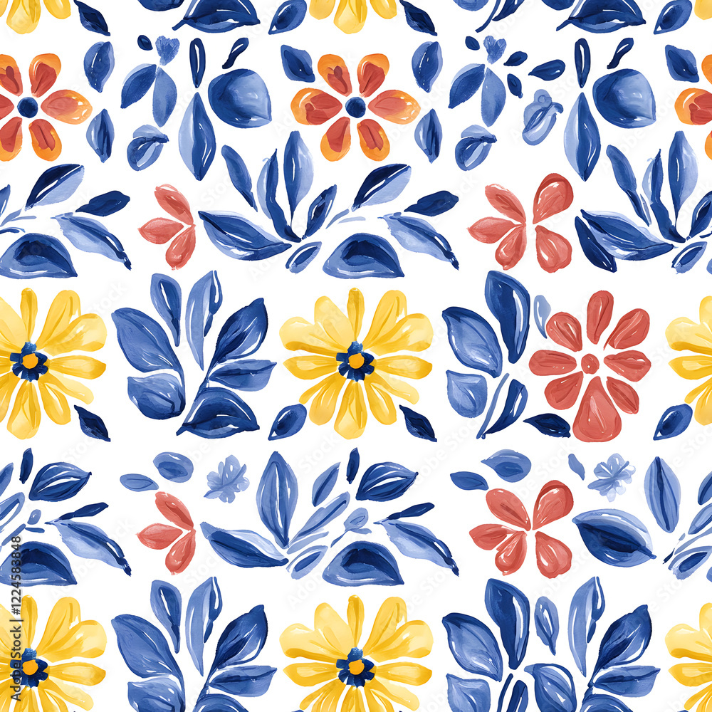 Fototapeta premium Rustic blue and yellow tile watercolor seamless pattern. Pattern of azulejos tiles