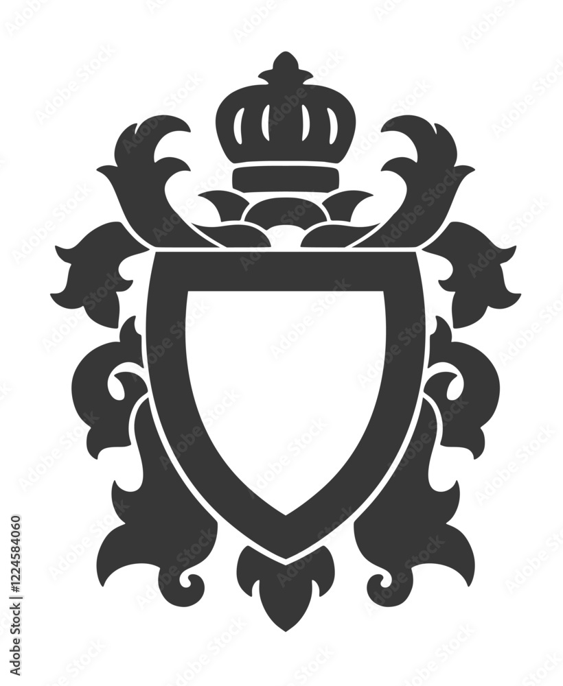 Obraz premium Black and white heraldic shield with floral ornament decoration and crown.