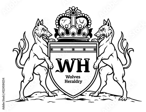 Black and white heraldic shield with two wolves and crown.