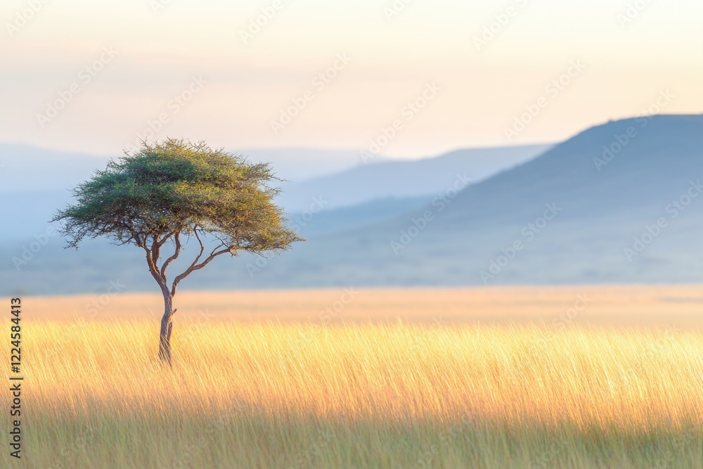 Obraz premium Lone tree stands tall in golden grasslands, framed by distant mo