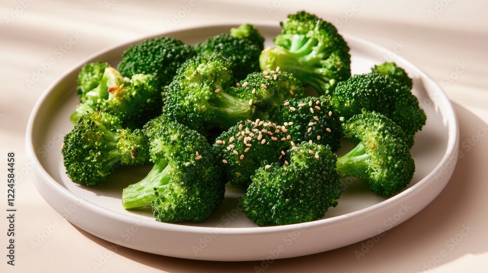 Fresh broccoli florets arranged on plate, showcasing vibrant gre Fresh broccoli florets arranged on plate, showcasing vibrant gre