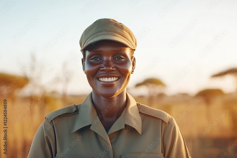 Smiling woman in uniform stands confidently against sunset backd Smiling woman in uniform stands confidently against sunset backd