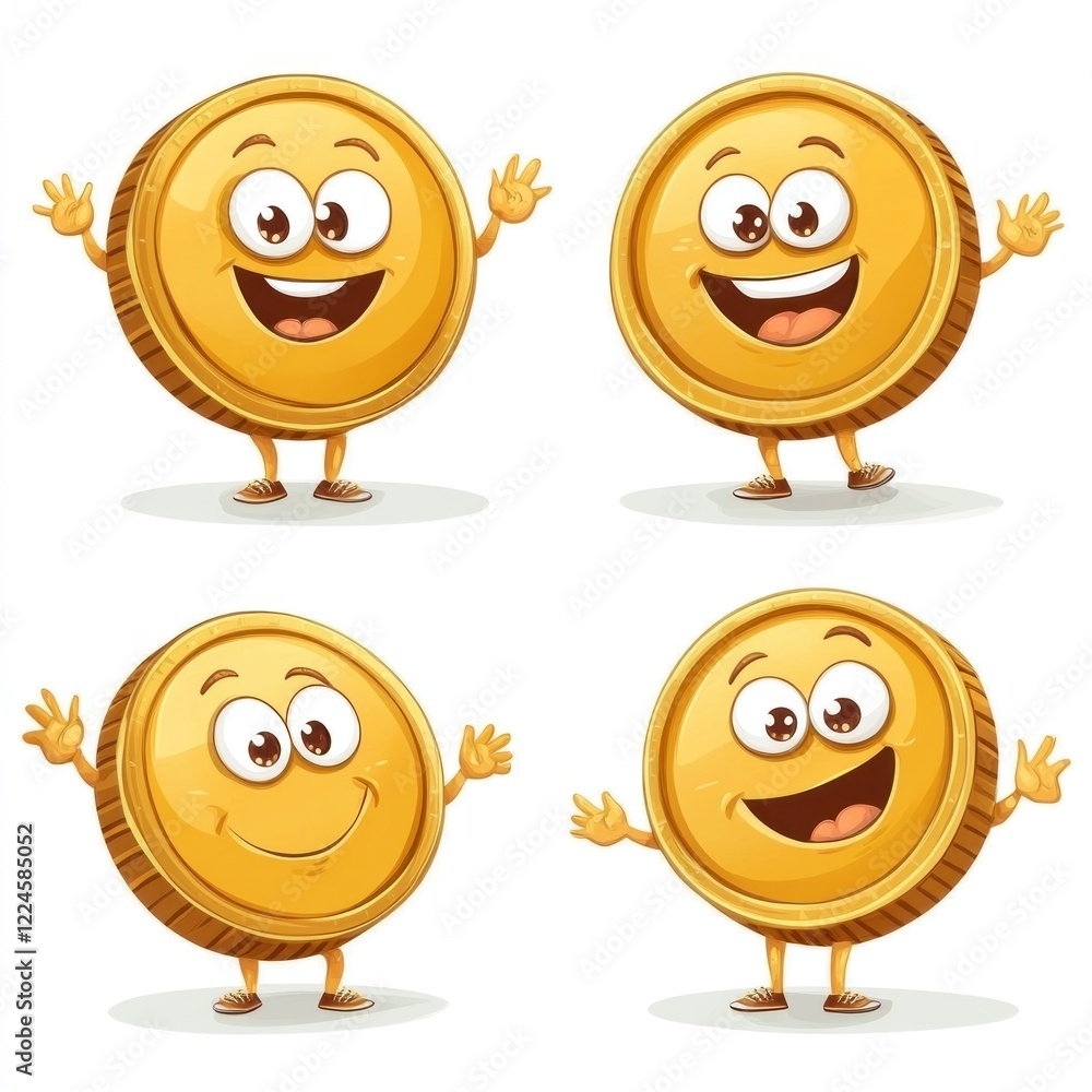Fototapeta premium Four happy gold coin characters waving. Financial illustration