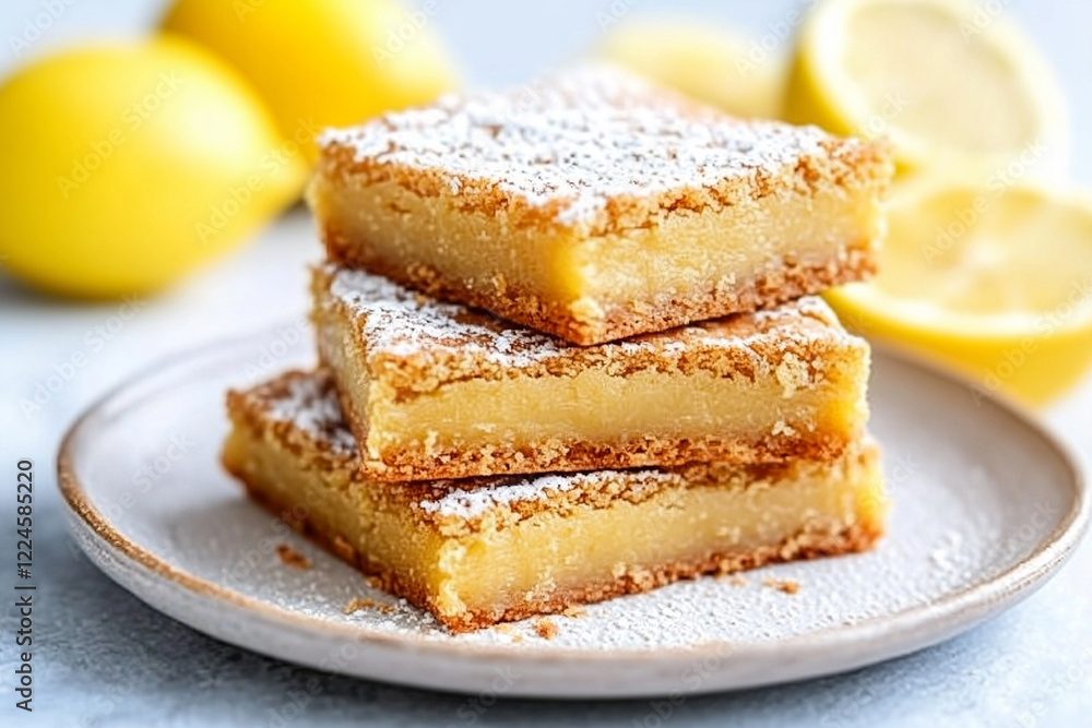 Three lemon bars stacked on top of each other on a white plate
