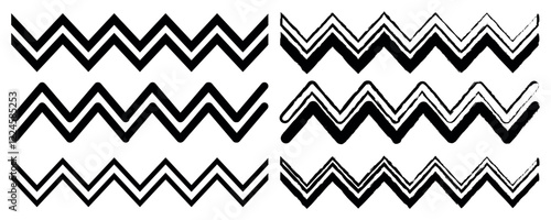 Wave line and wavy zigzag pattern, Set of grungy vector hand-drawn patterns. vector black underlines, Black grunge straight line and lattice ink brush strokes on white background.