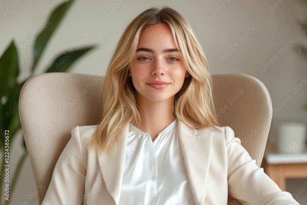 Confident woman in stylish outfit, relaxing in modern office cha Confident woman in stylish outfit, relaxing in modern office cha