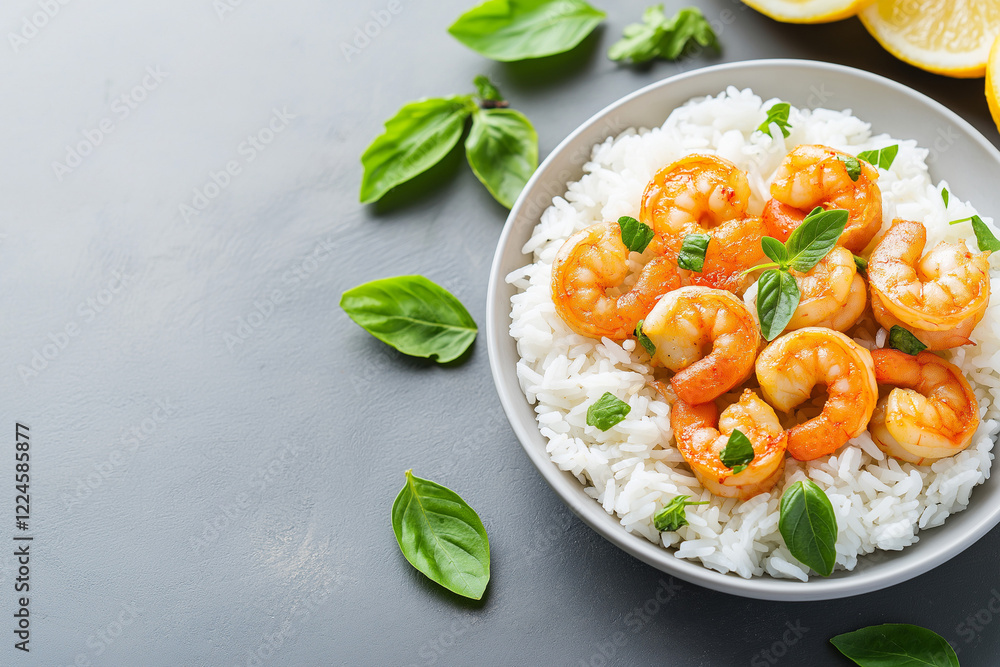 A bowl of shrimp and rice with green leaves on the side A bowl of shrimp and rice with green leaves on the side