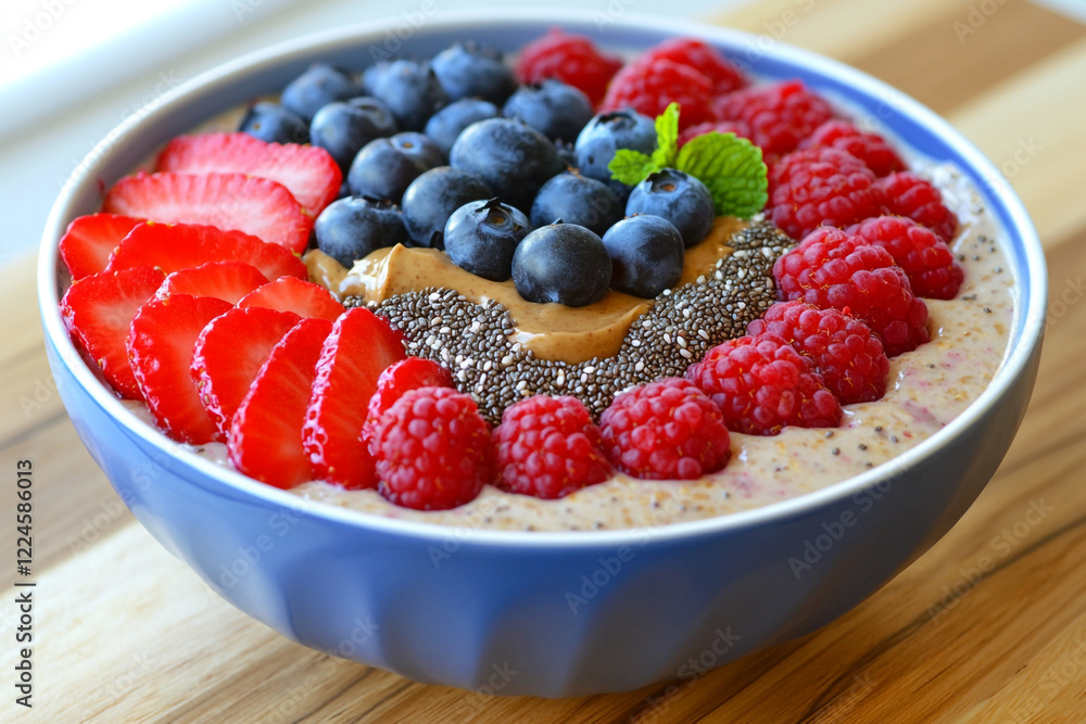 A Bowl of Overnight Oats Topped with Fresh Berries - Ideal for Healthy Eating and Breakfast Recipes A Bowl of Overnight Oats Topped with Fresh Berries - Ideal for Healthy Eating and Breakfast Recipes