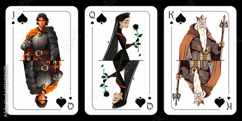 Three spade cards in cartoon style, jack of spades, queen of spades, king of spades. Vector illustration