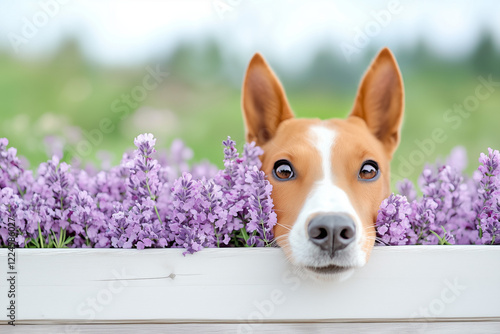 A brown and white dog is looking at the camera through a white box