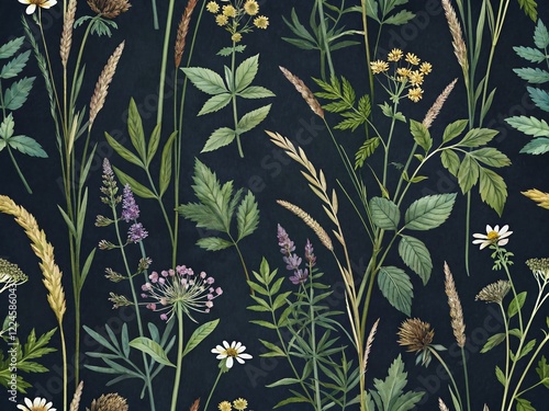 Dark Rustic Botanical Watercolor Pattern: Wild Herbs & Leaves