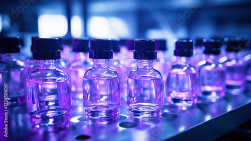 Line of Purple Liquid Bottles in a Laboratory Setting photo