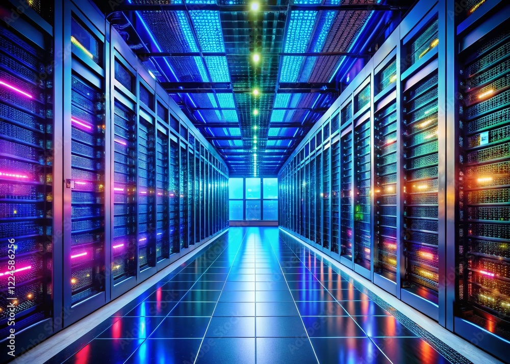 Obraz premium Data Center Corridor: Servers, Supercomputers & Internet Visualization Projection