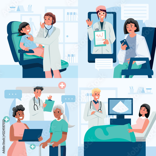 Hand drawn flat health services composition set collection