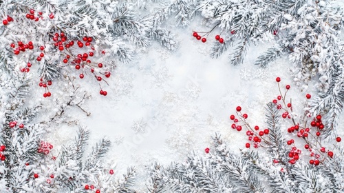 Christmas border with pine branches red berries and snow flat lay photo