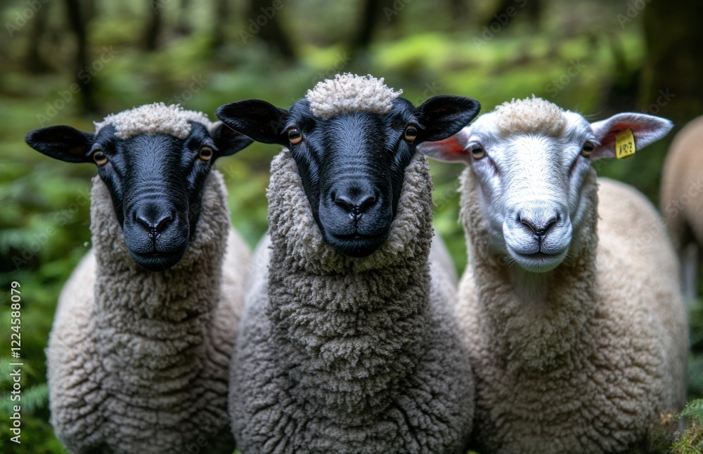 Fototapeta premium Close-Up Portrait of Three Sheep in Lush Green Forest, Capturing Unique Characteristics of Each Sheep with Rich Textures and Natural Background