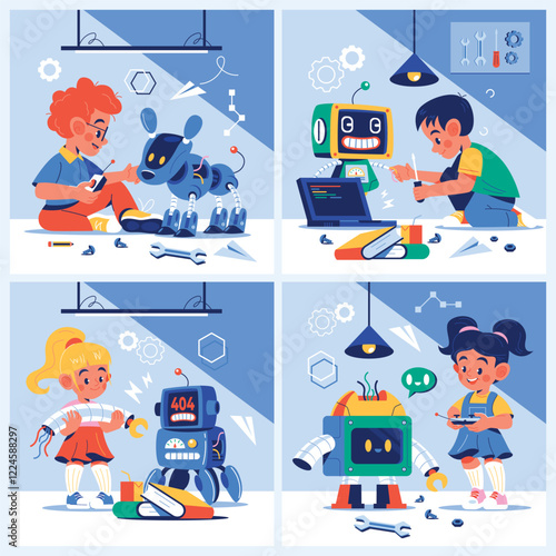 Hand drawn flat robotic for kids square illustrations