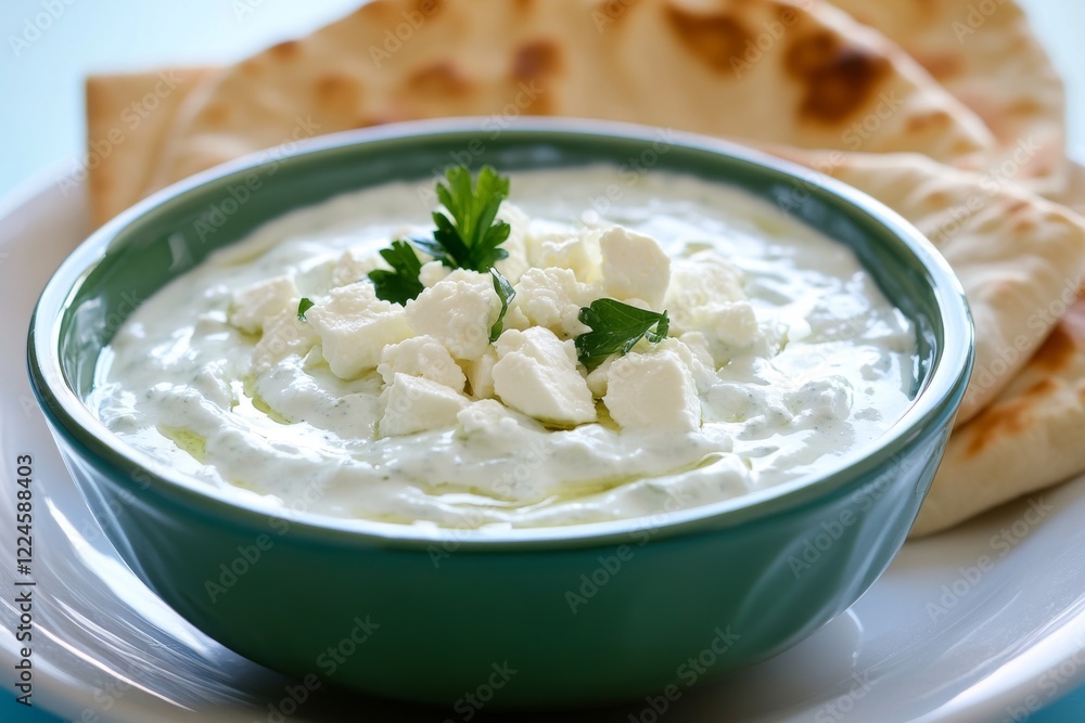 Traditional Greek Tzatziki dip sauce made with cucumber sour cream. Yogurt sauce with dill, lemon juice, olive oil. Served with toasted Za'atar Pita bread. Top view. Tarator, cacik or tartar. Traditional Greek Tzatziki dip sauce made with cucumber sour cream. Yogurt sauce with dill, lemon juice, olive oil. Served with toasted Za'atar Pita bread. Top view. Tarator, cacik or tartar.