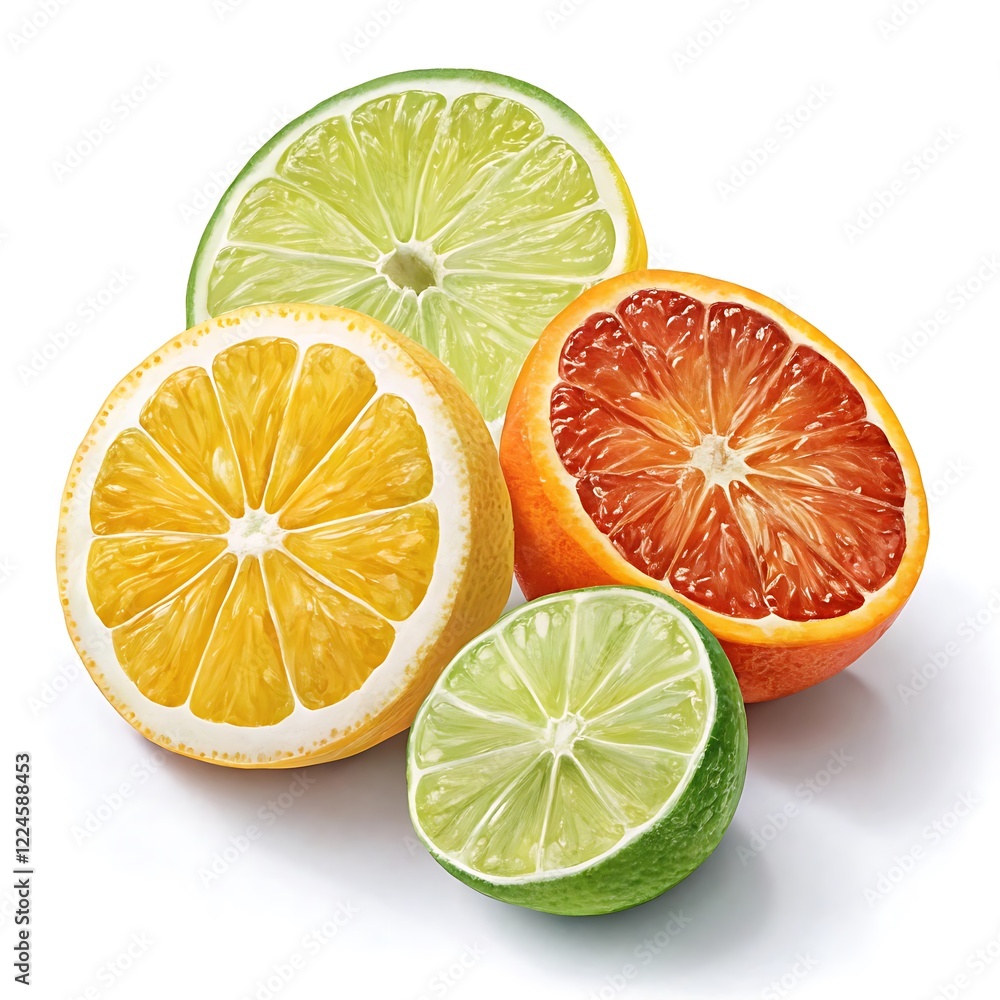 Fototapeta premium Sliced Citrus Fruits – Ultra-realistic lemon, orange, and lime slices with juicy textures and subtle transparency in the pulp, appearing fresh and vibrant on a transparent background.