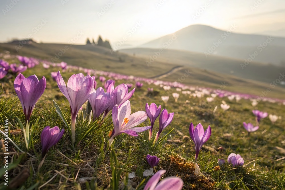 Obraz premium Delicate Purple Crocus Blossoms Emerging in Early Spring Meadow Landscape
