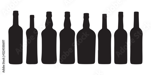 Set of alcohol bottle. Black silhouette of a vessel for various types of drinks. Wine, beer, rum, whiskey, liquor, cognac. Black illustration on white background.