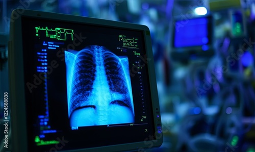 Chest x-ray displayed on monitor in hospital operating room during surgery