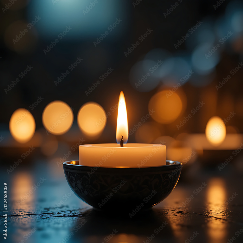 Single Lit Candle in Ornate Holder: Serene Nighttime Glow Single Lit Candle in Ornate Holder: Serene Nighttime Glow