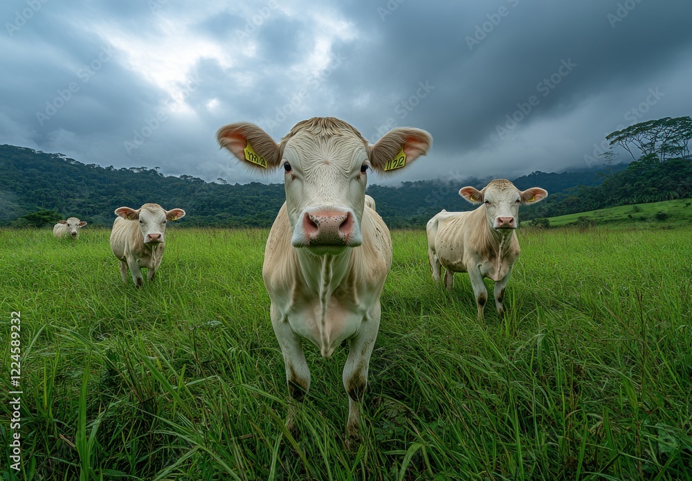 Obraz premium Curious Calves Grazing in Lush Green Pasture Under Dramatic Gray Clouds, Capturing the Essence of Rural Agriculture and Scenic Landscapes