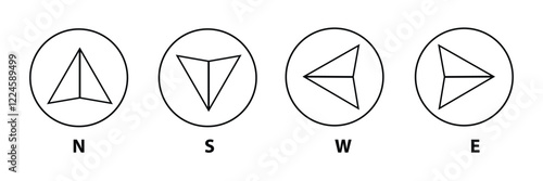 Compass icon. Nautical compass for travel with sign of north, south, west, east. Set of logo for map and navigation. Symbol of direction. Arrow, dial for orientation of latitude, longitude.