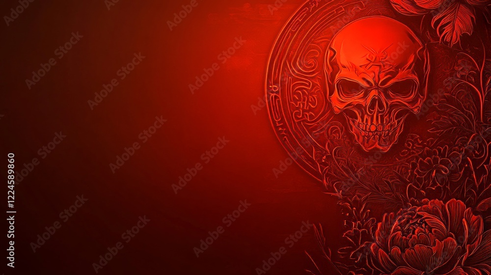 Crimson Skull Amidst Red Floral Mandala Design