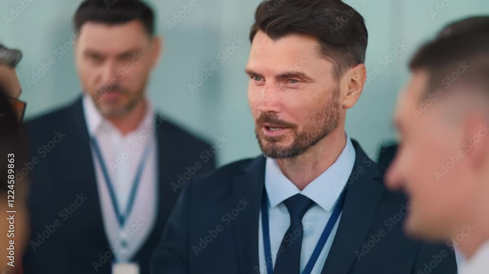 Businessman talking to colleagues during a conference Businessman talking to colleagues during a conference