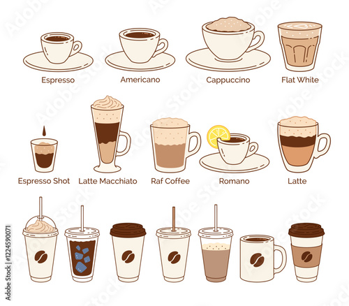 Vector minimalistic color line art illustration collection of coffee cups