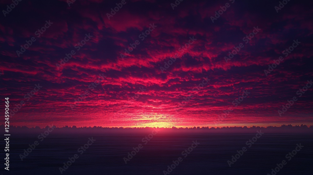 Obraz premium Crimson Sky Sunset Over Serene Landscape
