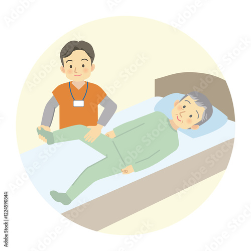 訪問看護のサービス内容＿ベットの上で受けるリハビリテーション中のカットイラスト＿丸枠デザイン
