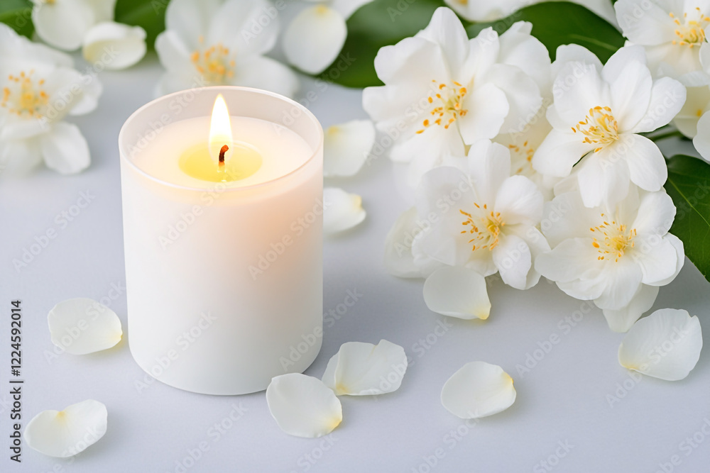 Glowing White Candle with Small White Flowers - Ideal for Home Decor and Meditation Spaces Glowing White Candle with Small White Flowers - Ideal for Home Decor and Meditation Spaces
