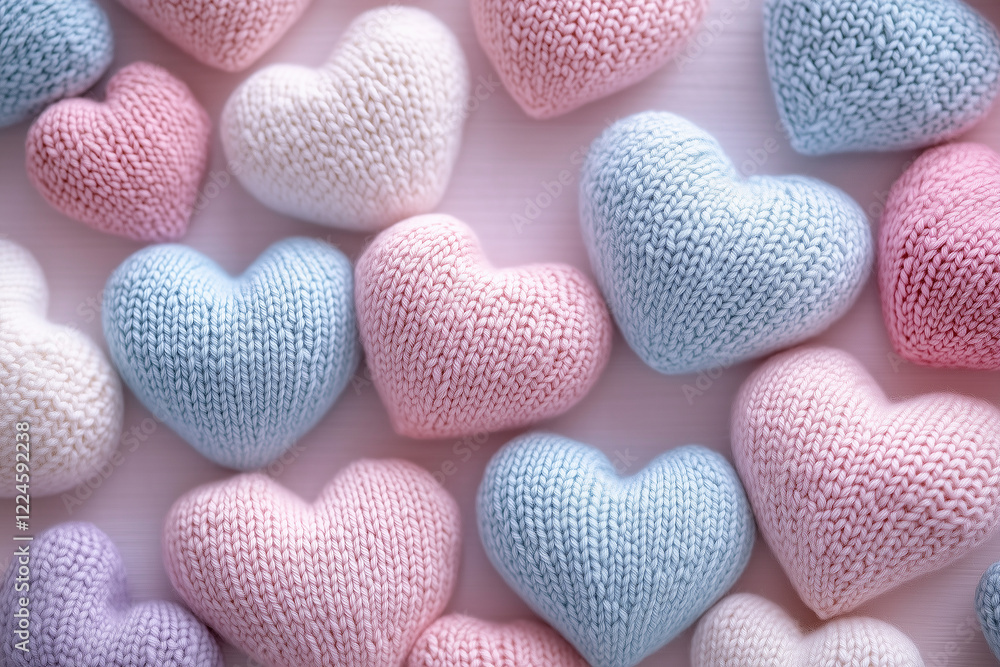 Fototapeta premium Assorted colorful knitted heart shapes in soft pastel colors