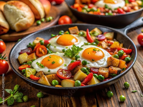 Delicious Fried Eggs with Potatoes and Vegetables - Spanish Breakfast Stock Photo photo