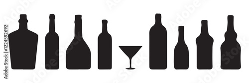 Set of alcohol bottle. Black silhouette of a vessel for various types of drinks. Wine, beer, rum, whiskey, liquor, cognac. Black illustration on white background.