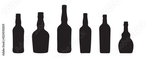 Set of alcohol bottle. Black silhouette of a vessel for various types of drinks. Wine, beer, rum, whiskey, liquor, cognac. Black illustration on white background.