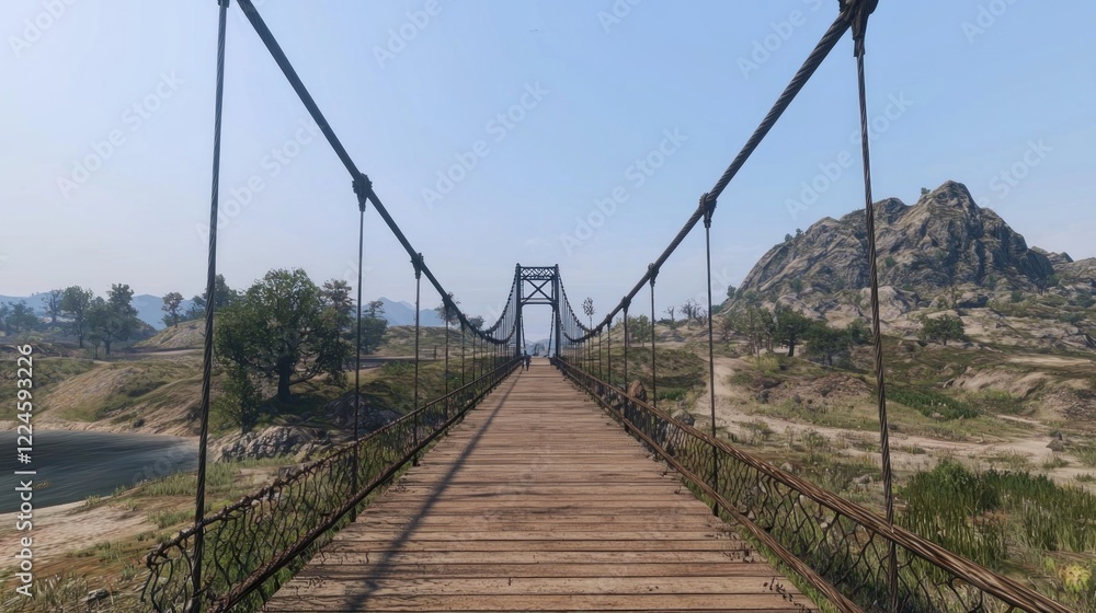 Rustic suspension bridge crossing river, mountainous background, game environment Rustic suspension bridge crossing river, mountainous background, game environment