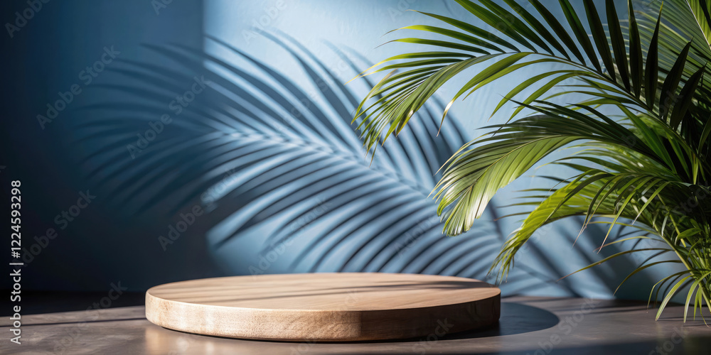 Round wooden podium and shadow of palm leaves on blue wall. Dark background for product presentation.