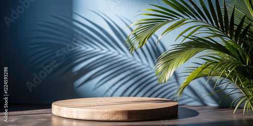 Obraz na płótnie Round wooden podium and shadow of palm leaves on blue wall. Dark background for product presentation. w salonie