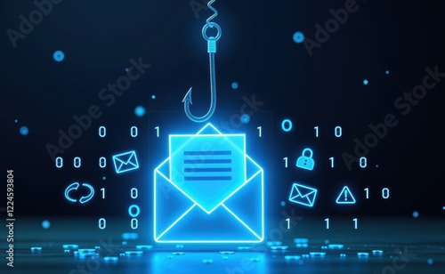 A digital illustration of a glowing red email envelope hooked by a phishing hook, symbolizing cyber threats, email scams, phishing attacks, and online fraud in a futuristic cybersecurity concept.