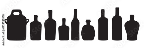 Set of alcohol bottle. Black silhouette of a vessel for various types of drinks. Wine, beer, rum, whiskey, liquor, cognac. Black illustration on white background.