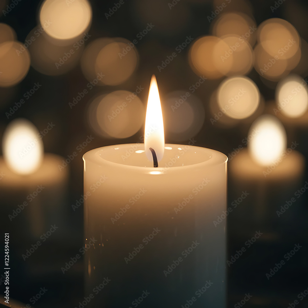 Single Lit Candle with Warm Bokeh Lights: Serene and Peaceful Atmosphere Single Lit Candle with Warm Bokeh Lights: Serene and Peaceful Atmosphere
